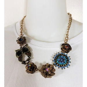 Owl & Floral Medallions Necklace Gold Tone 18 In AB Rhinestones Asymmetric Bling